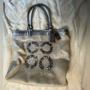 Coach Audrey Editorial Jeweled Silver Linen Tote Bag
